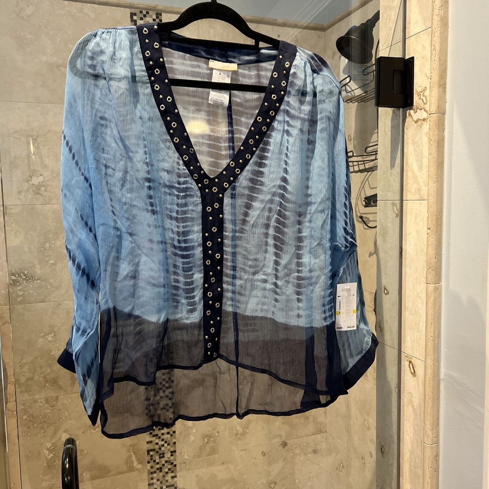 Michael Kors Blue Tie Dye Studded Sheer Coverup Blouse MM60708 Sz ML